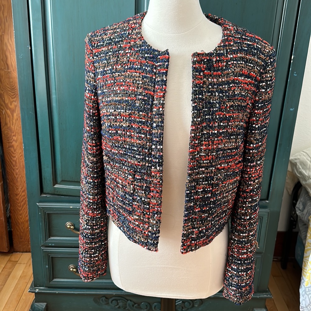 Ann Taylor Multicolor Tweed Cropped Blazer - Navy & Red